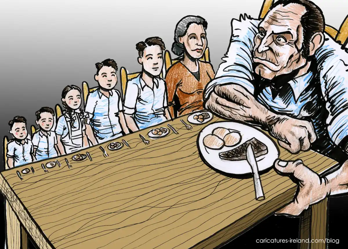 Position of the father in an Irish Household in the 1950s. A cartoon depicting an Irish family in the 1950s. There are many children seated at the kitchen table, from youngest to oldest, ending in the mother. At the head of the table sits a metaphorically huge and imposing father.