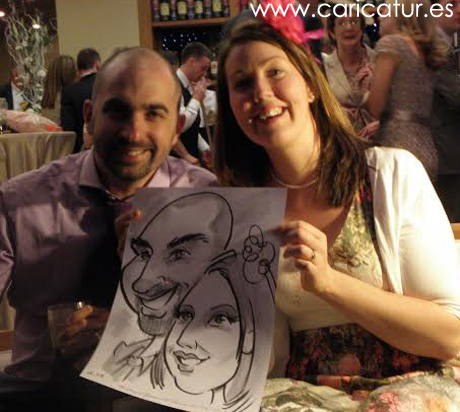 Wedding guests in Lough Rynn castle with caricature by Allan Cavanagh