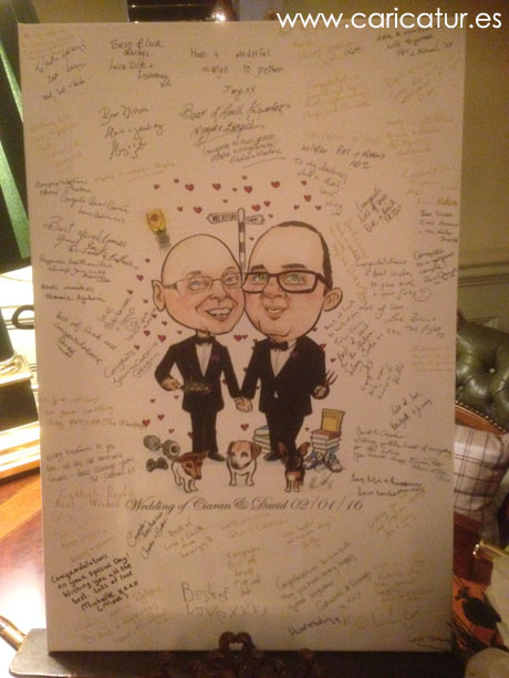 Caricature of newly married couple with guests' signatures