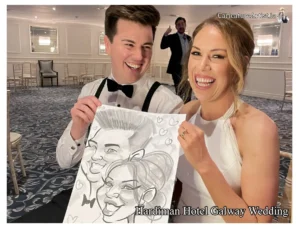 Galway Wedding Entertainment Hardiman Hotel Caricaturist Allan Cavanagh. Newlywed man and woman holding a black and white caricature of themselves and laughing