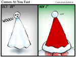 Halloween to Christmas comes at you fast Santa Ghost Cartoon. A two panel cartoon depicting a little ghost in the first panel which is dated October 31 the second panel depicts the same ghost transformed into a Santa hat and is dated November 1. the little ghost now Santa hat is saying WTF.