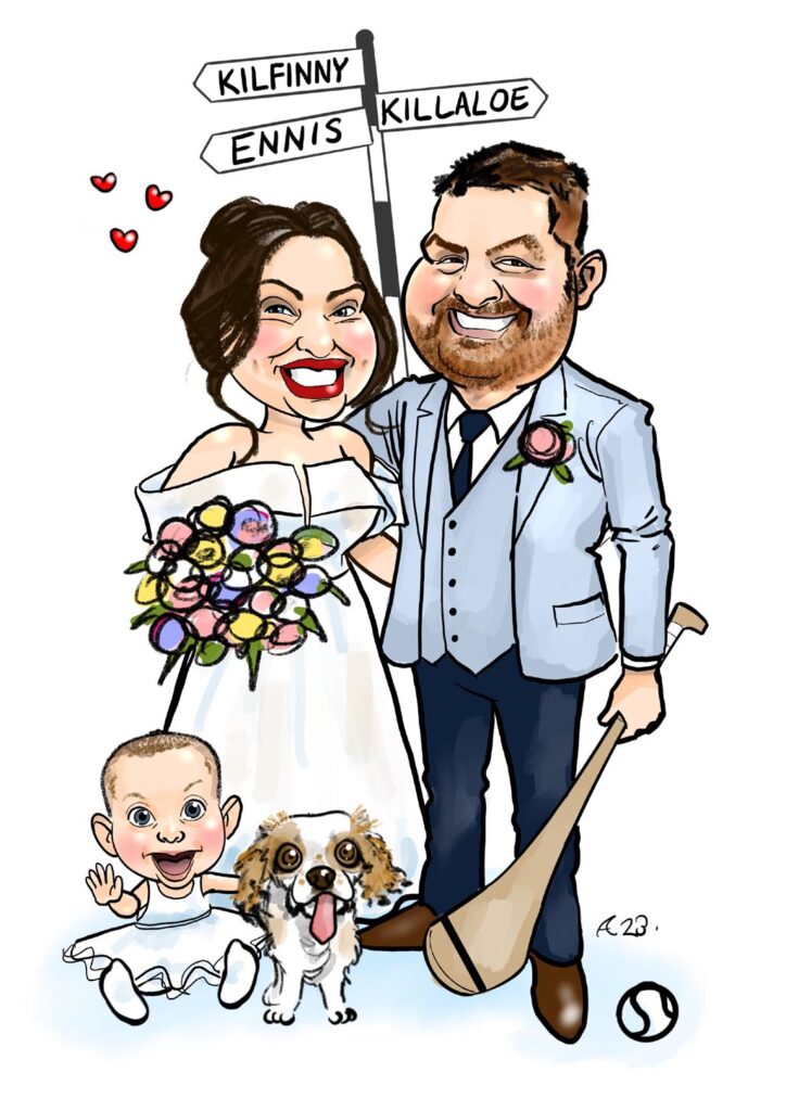 Canvas Wedding Signing Board Caricature with Bride Groom Baby and Dog