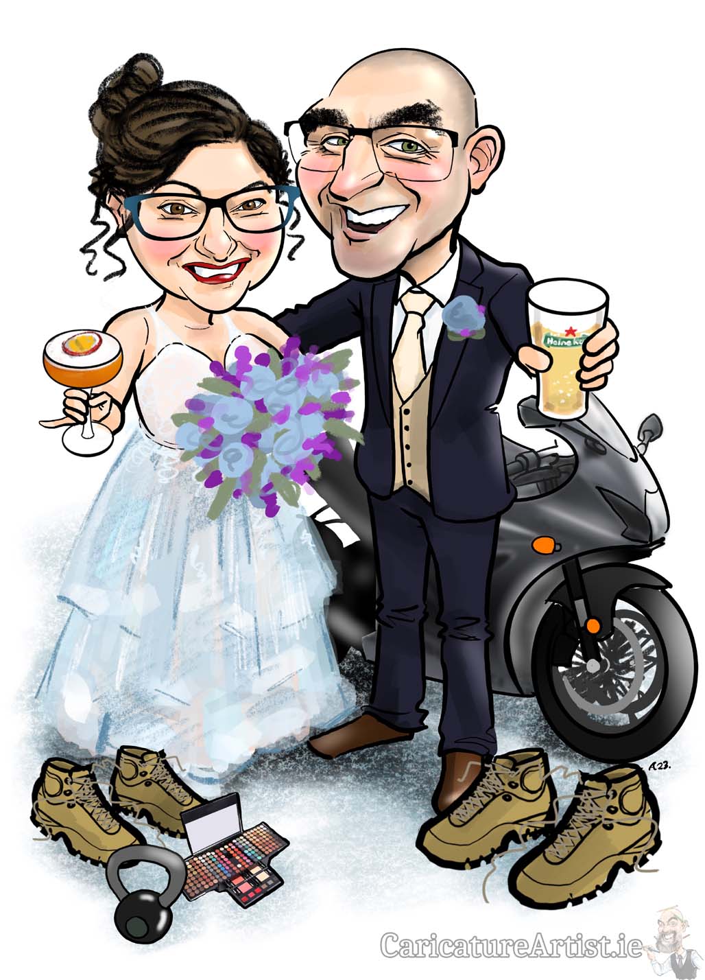 Castlebar Ireland wedding signing board caricature with motorbik
