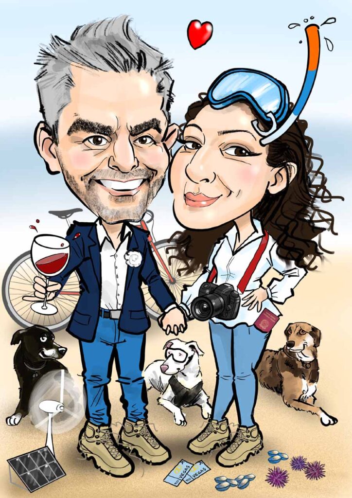 Caricature Gift for Italian Couple with dogs, wine, cycling and
