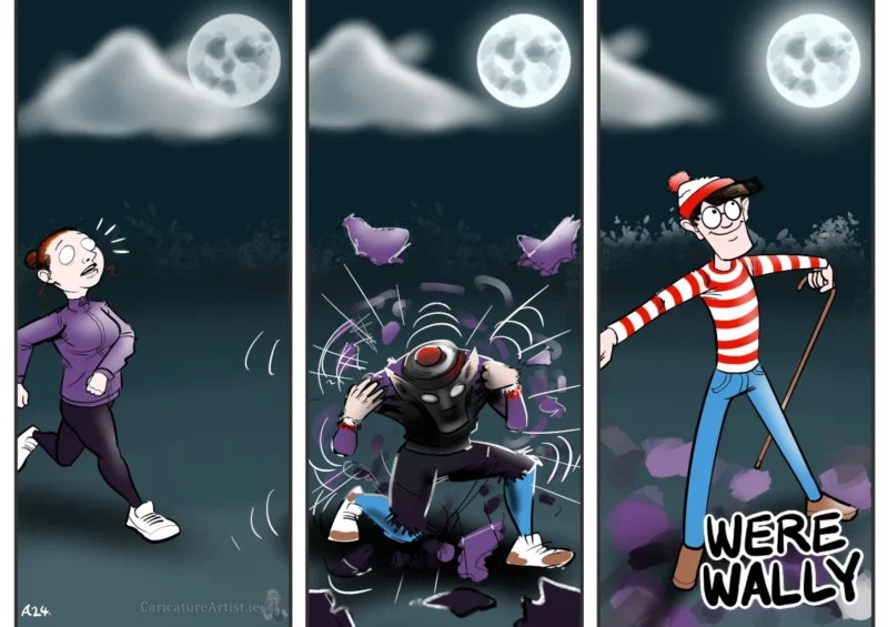 three panel cartoon. 1. a woman jogging at night, the moon is revealed 2. the woman starts to transform 3. the woman has turned into the character Where's Wally, with the caption, Were Wally