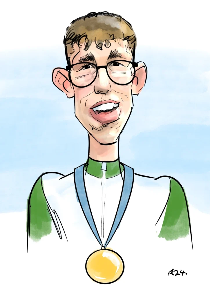 Caricature Portrait of Daniel Wiffen Gold Medal Winner for Ireland in the Paris Olympics 2024