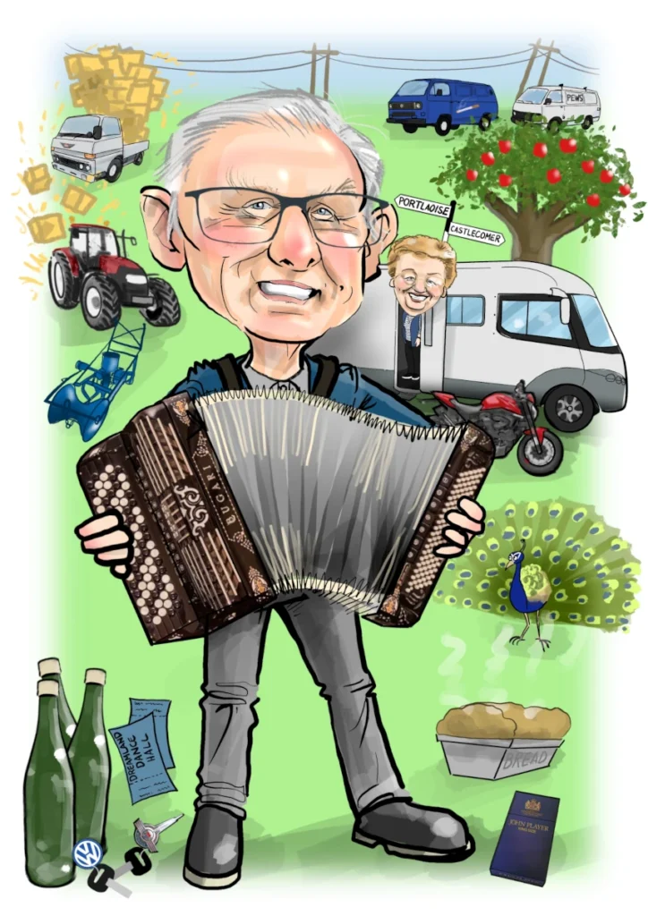 Gift Ideas for Dads Ireland: Caricature of man playing accordian with wife in camper van, man is surrounded by vehicles, machinery, and other items from his life. 