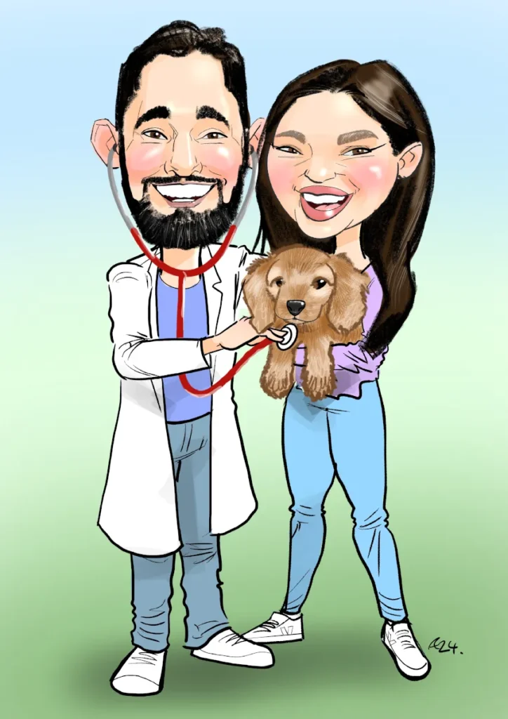 Doctor Caricature with girlfriend and pet dog Doctor Caricature with girlfriend and pet dog