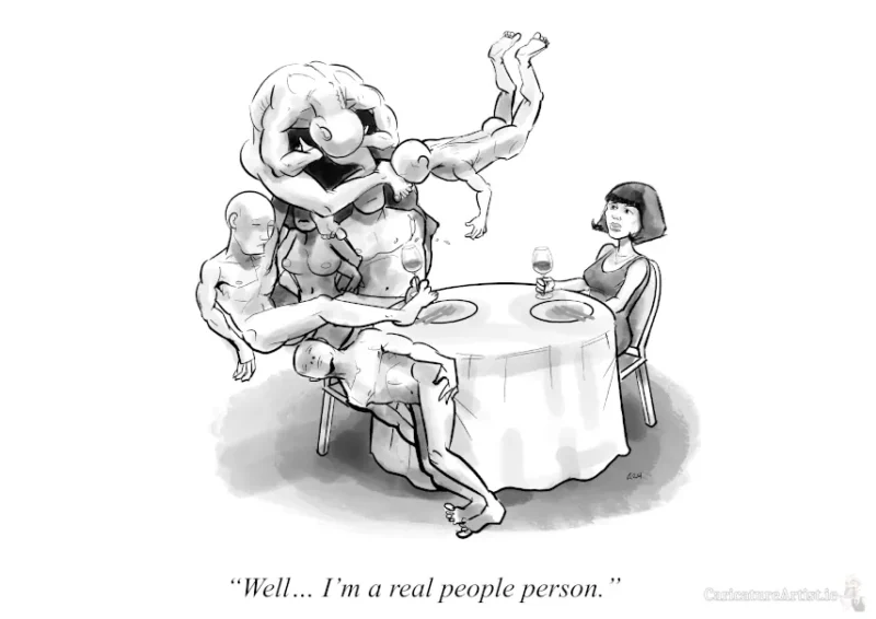 Cartoon of a large humanoid shape on a dinner date with a woman. Two empty plates sit on the dining table. The humanoid figure is actually made of human forms. Its head is a body bend into a head shape. The woman looks up at the creature as if listening. The creature is saying 
