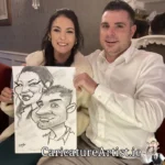 Caricature Artist Limerick Two Wedding Guests with Caricature in Devon Inn Limerick by Allan Cavanagh (1)