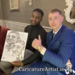 Caricature Artist Limerick Two Wedding Guests with Caricature in Devon Inn Limerick by Allan Cavanagh (10)