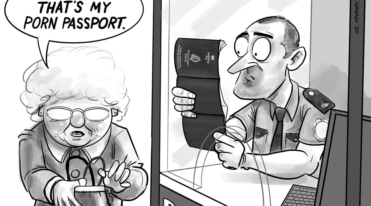 Single panel cartoon: An old woman hands a border guard at passport control desk her passport. The confused guard opens a 3 section folded page. The old woman looks in her handbag and says, oh sorry, that's my porn passport.