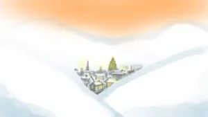 Cartoon drawing of a village beyond snow-covered hills with a large Christmas tree showing