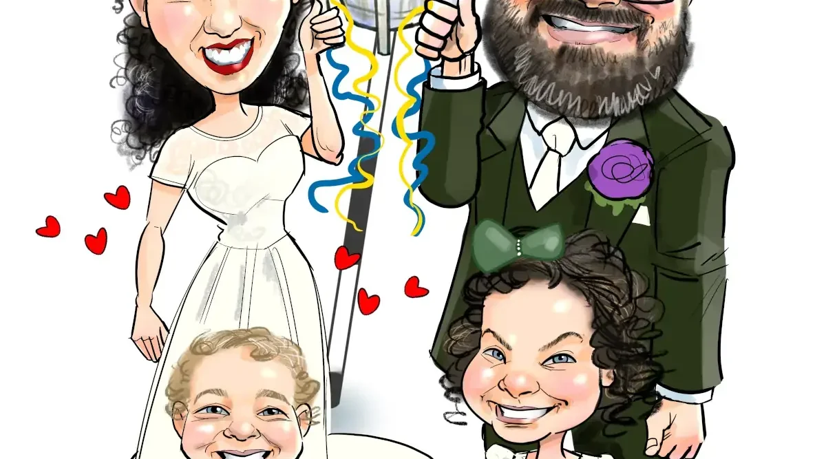 Canvas Wedding Signing Boards Ireland: caricature of bride and groom on wedding day with their children holding the Liam MacCarthy Cup
