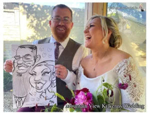 mountain view kilkenny wedding entertainment photo of bride and groom laughing with caricature
