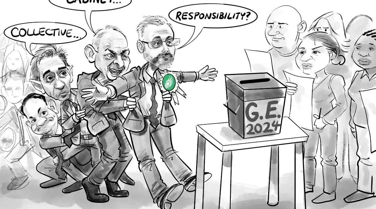 Irish Election Cartoon Black and white cartoon depicting Leo Varadkar, Simon Harris, Micheál Martin and others hiding behind Roderic O'Gorman as a disgruntled electorate stare at him over a ballot box labelled GE 2024