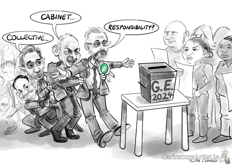 Irish Election Cartoon Black and white cartoon depicting Leo Varadkar, Simon Harris, Micheál Martin and others hiding behind Roderic O'Gorman as a disgruntled electorate stare at him over a ballot box labelled GE 2024