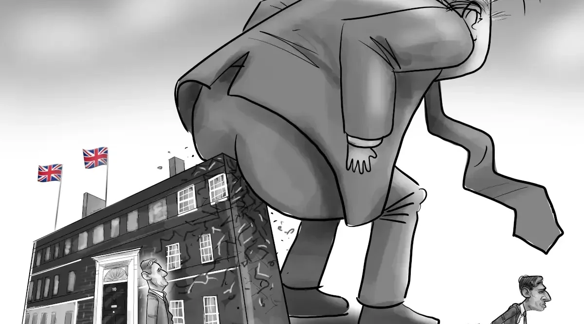 Trump Keir Starmer Downing Street Cartoon: A huge imposing Donald Trump about to sit his big horrendous arse on top of 10 Downing Street while a despondent Prime Minister Keir Starmer looks on with his moving box nearby, as the recently vanquished Rishi Sunak drags his Conservative Party suitcase away behind him.