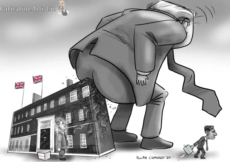 Trump Keir Starmer Downing Street Cartoon Trump Keir Starmer Downing Street Cartoon: A huge imposing Donald Trump about to sit his big horrendous arse on top of 10 Downing Street while a despondent Prime Minister Keir Starmer looks on with his moving box nearby, as the recently vanquished Rishi Sunak drags his Conservative Party suitcase away behind him.