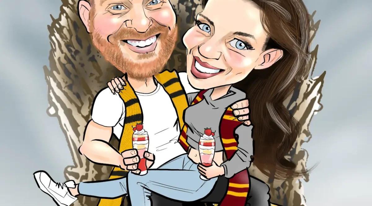 Game of Thrones Themed Gift Caricature for Birthday: caricature drawing of a man and woman sitting on the Game of Thrones throne made of swords