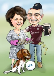 Gifts for Parents Ireland. Image is a full colour caricature of a man and a woman smiling. The woman is in a black and white dress and is holding a baking tray with buns on it. In front of her is a springer spaniel dog. The man is wearing a Galway GAA t-shirt and a cap, he has glasses and is holding a pint of Guinness. Betting slips are falling from his pocket. There is a GAA football by his feet.