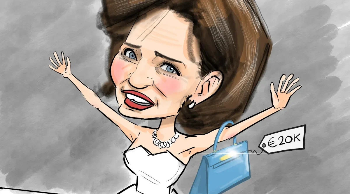 Maria Steen Handbag. Cartoon of Maria Steen dressed as Evita with a 20,000 euro handbag Caption says Don’t cry for me Steen Maria The truth is we didn’t want you