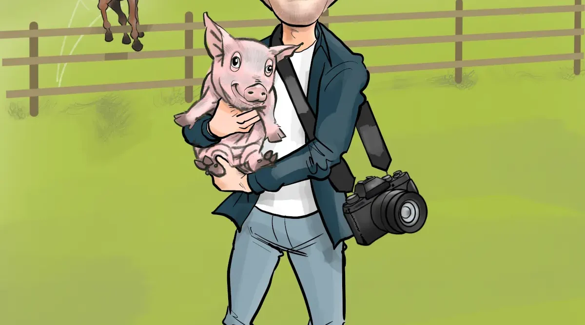 Pig Farmer Gift Ireland: Caricature displaying a young man holding a piglet with a camera over his shoulder. In the background are fields with a horse jumping a fence, and a pig farm in the far distance.