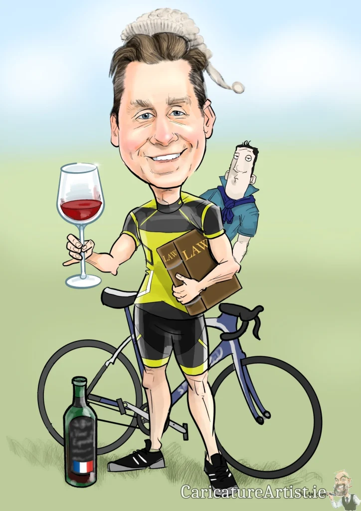 Barrister Gifts Ireland. Caricature of a barrister in cycling gear with a huge glass of wine and a bicycle. Ross O'Carroll-Kelly is in the background.