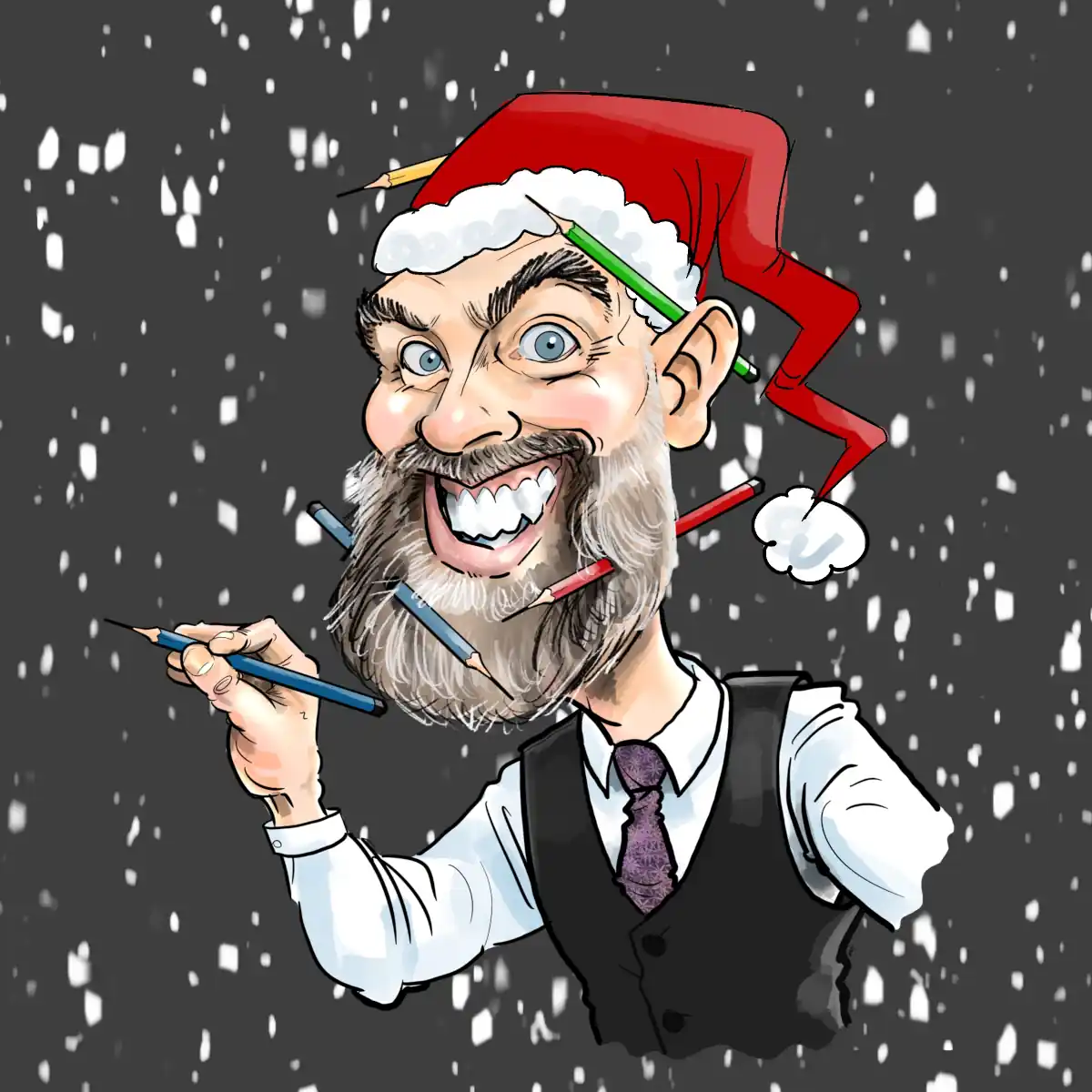 Caricature Artist Allan Cavanagh Self Portrait in Santa Hat