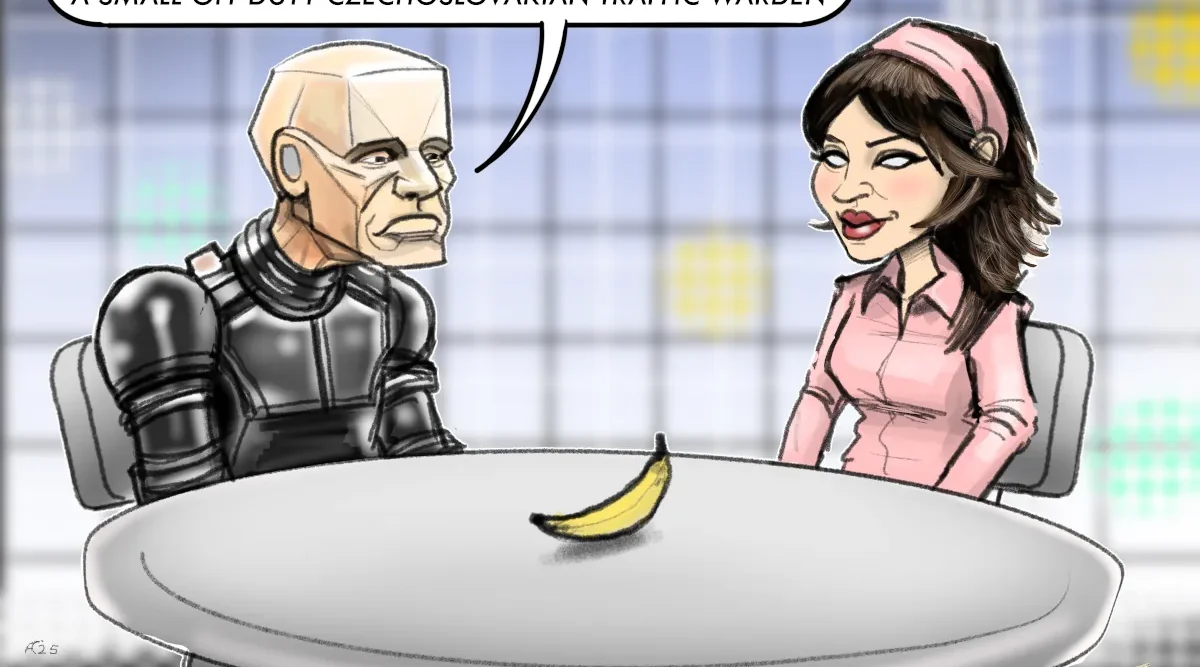 Companion film Sophie Thatcher Iris Red Dwarf Kryten Lying Scene. Kryten from Red Dwarf and Iris from Companion movie sitting at a table looking at a banana. Kryten is saying 'Now you try: "It's a small off duty Czechusslovakian traffic warden"
