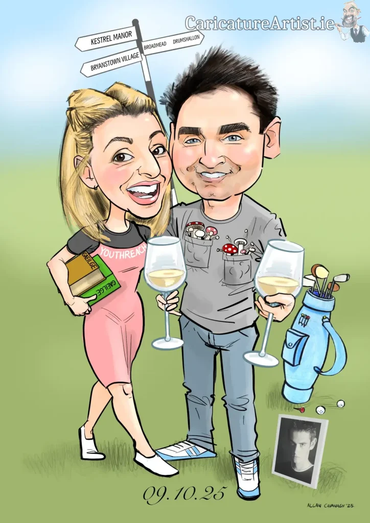 Couples gifts Ireland Caricature of couple with large wine glasses