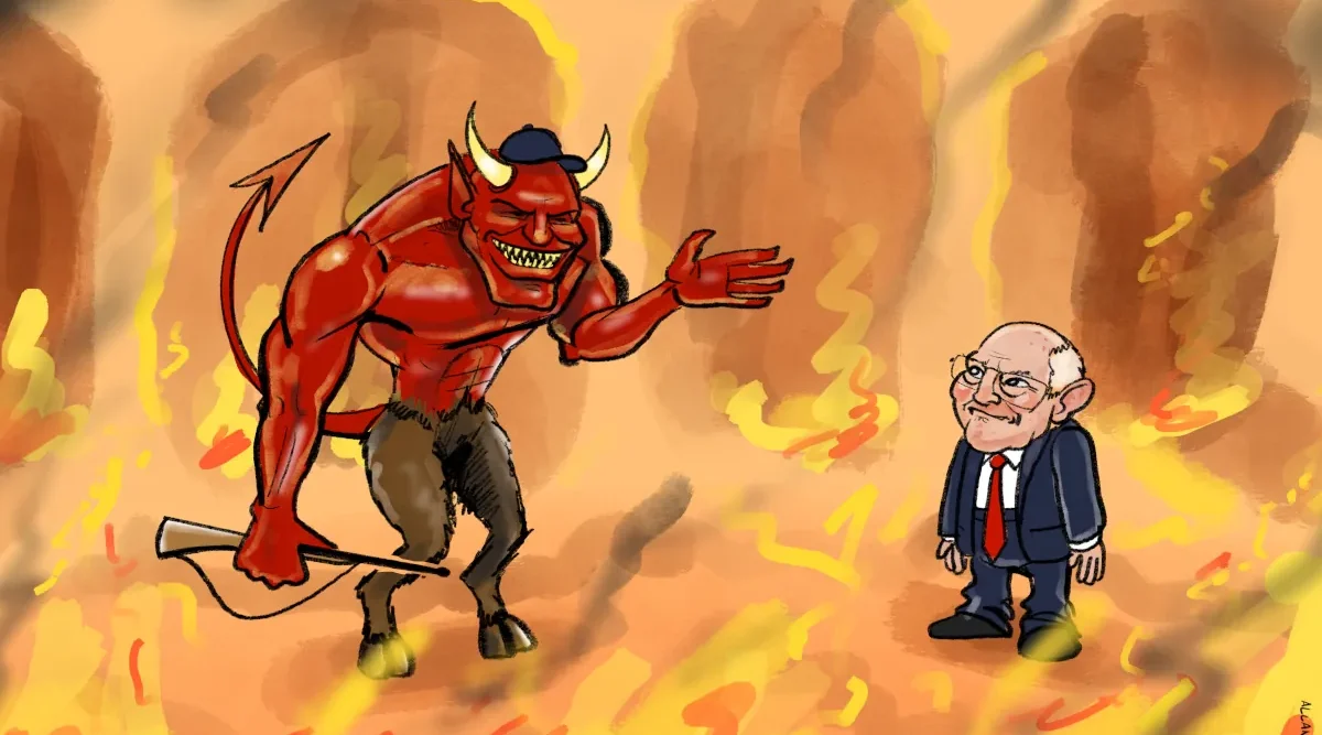 Dick Cheney Cartoon: Cartoon of Dick Cheney in Hell with a devil in a hunting hat holding a shotgun. Caption reads ‘Well Dick, I thought we’d start with “quail hunting” where I shoot you in the face for every Iraqi person you had killed.’