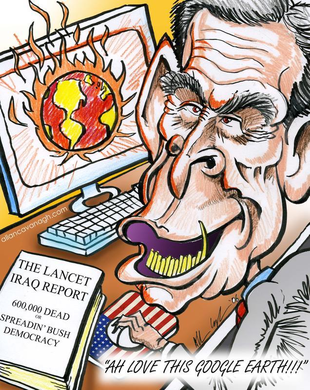 george bush cartoon lancet report 600000 dead