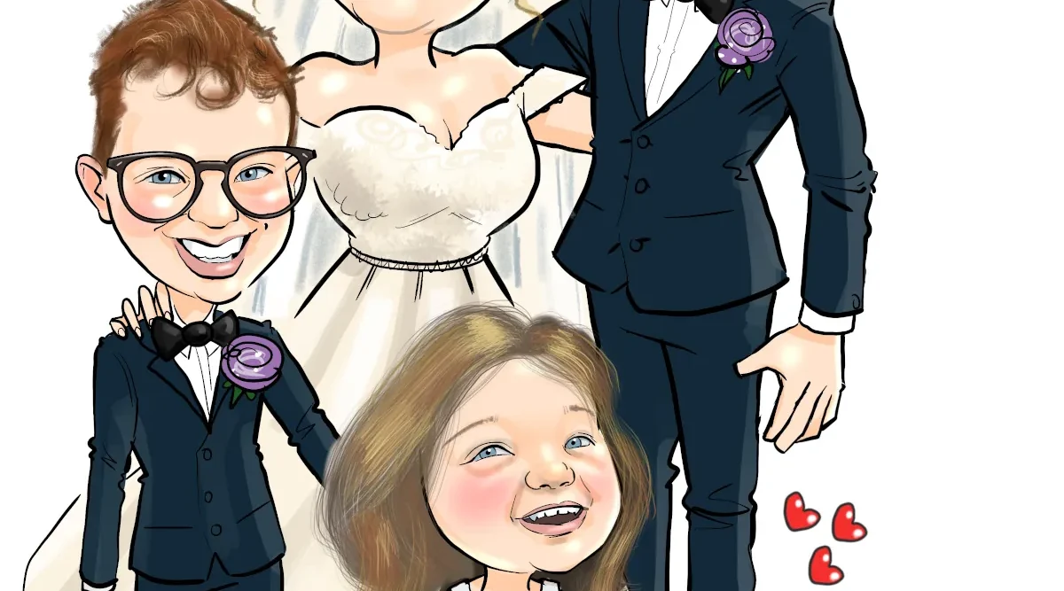 Canvas Wedding Signing Boards Ireland: Family caricature mum dad son daughter cat dog canvas signing board