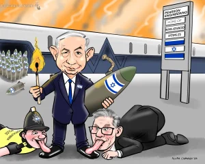Cartoon depicting Keir Starmer and a Northumbria Police Officer licking the boots of Benjamin Netanyahu
