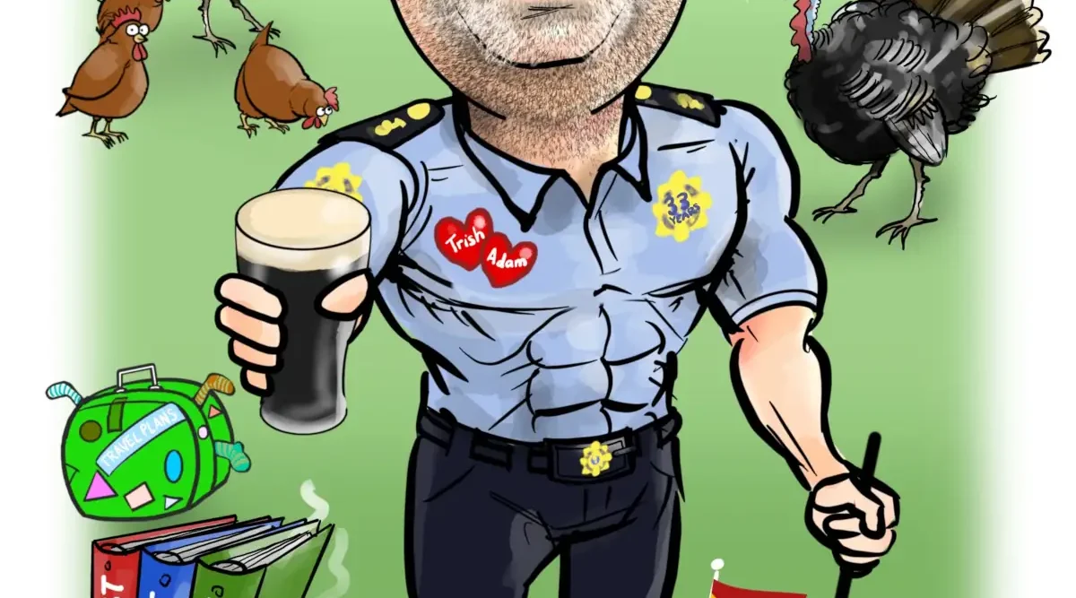 Caricature of retiring Garda with golf club and pint of Guinness. Gardai Retirement Gift Ideas Garda Siochana Ireland