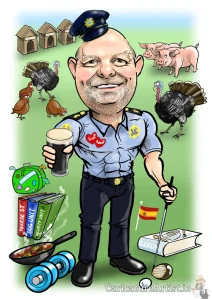 Caricature of retiring Garda with golf club and pint of Guinness. Gardai Retirement Gift Ideas Garda Siochana Ireland