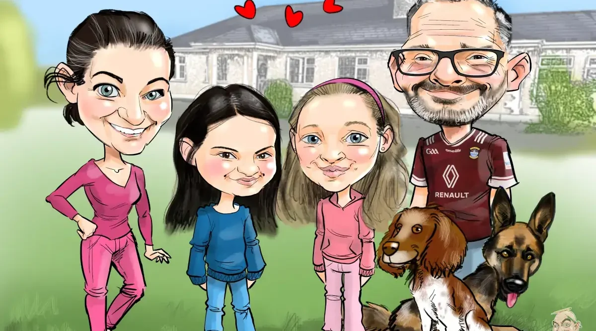 Gift Ideas for Families Ireland Caricature of family, mother, two daughters, and dad, with Pets and House