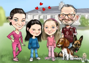 Gift Ideas for Families Ireland Caricature of family, mother, two daughters, and dad, with Pets and House