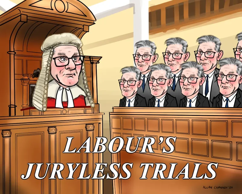 Labour's No-Jury Trials Cartoon Image description: Colour cartoon of a courtroom. The judge is Keir Starmer in a judge's wig and robes. There is a jury present but every single one of them is also Keir Starmer.  Keir Starmer Labour Juryless No Jury Trials Cartoon