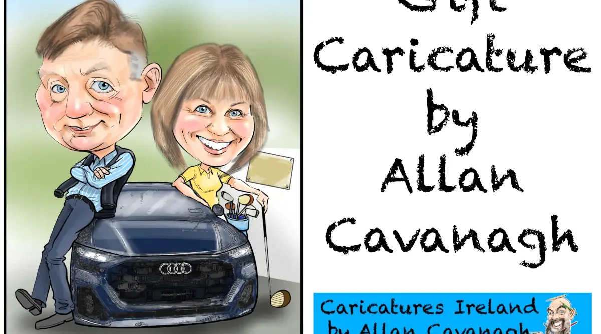 Gift caricatures Ireland couple with sports car