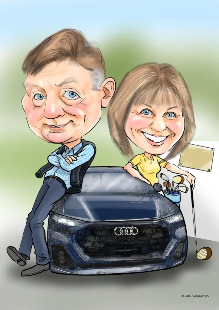 Gift caricatures Ireland couple with sports car Allan Cavanagh