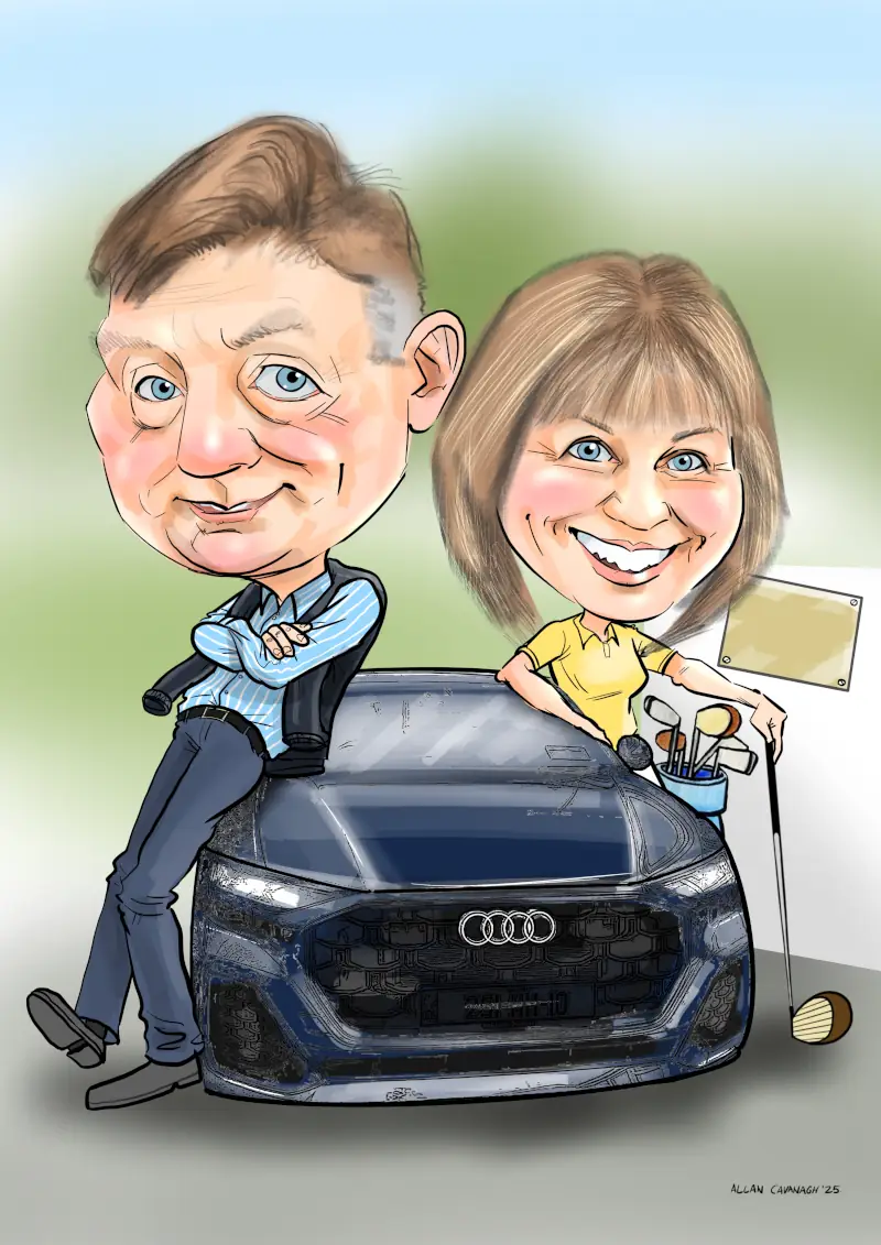 Gift caricatures Ireland couple with sports car by Allan Cavanagh. Gifts for Couples Ireland