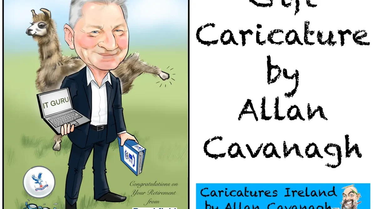Caricature of man in suit holding laptop with alpaca in the background. Retirement Gifts Ireland by Caricature Artist Allan Cavanagh Caricatures Ireland.