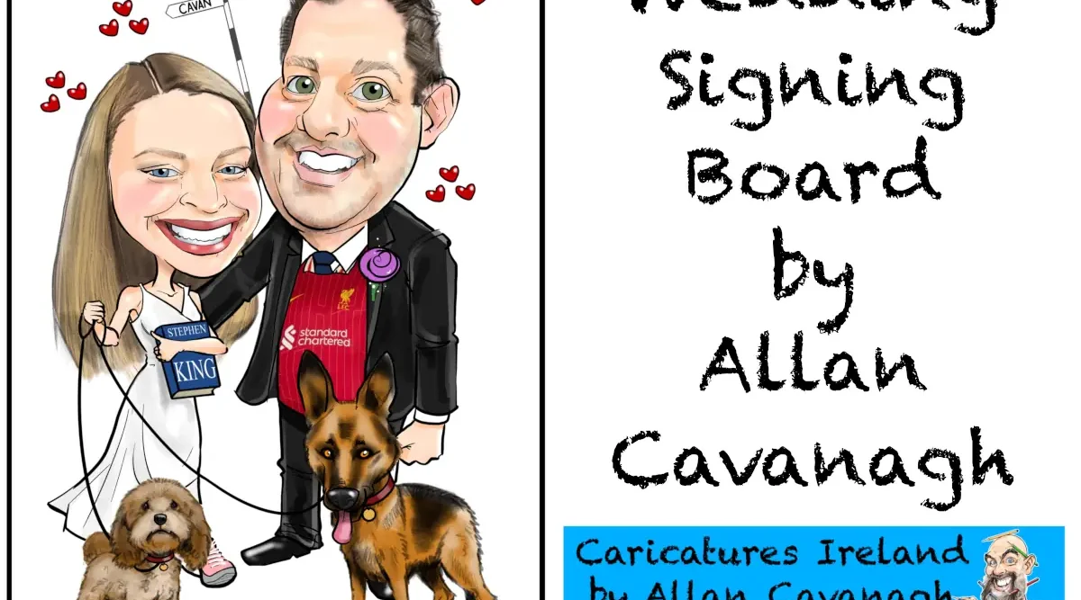Signing Boards for Weddings Ireland. Canvas signing board with newlywed couple and pet dogs