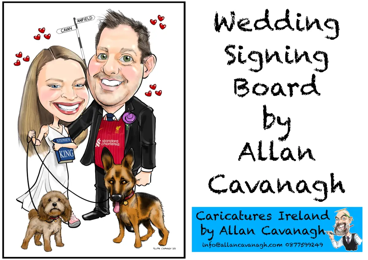Signing Boards for Weddings Ireland. Canvas signing board with newlywed couple and pet dogs