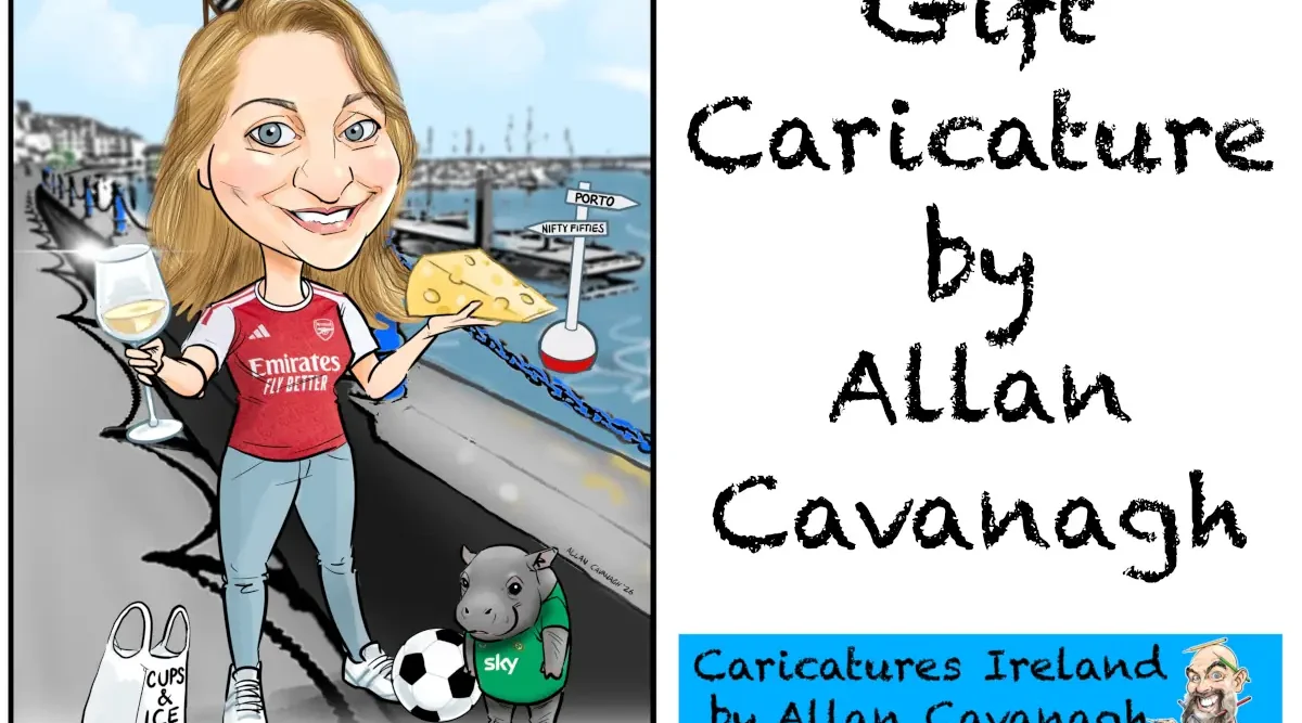 50th Birthday Gifts Ireland Caricature for Her: caricature of a woman holding a glass of wine and a wedge of cheese