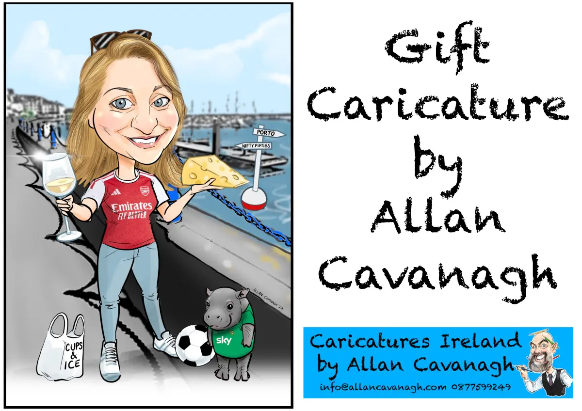 50th Birthday Gifts Ireland Caricature for Her: caricature of a woman holding a glass of wine and a wedge of cheese