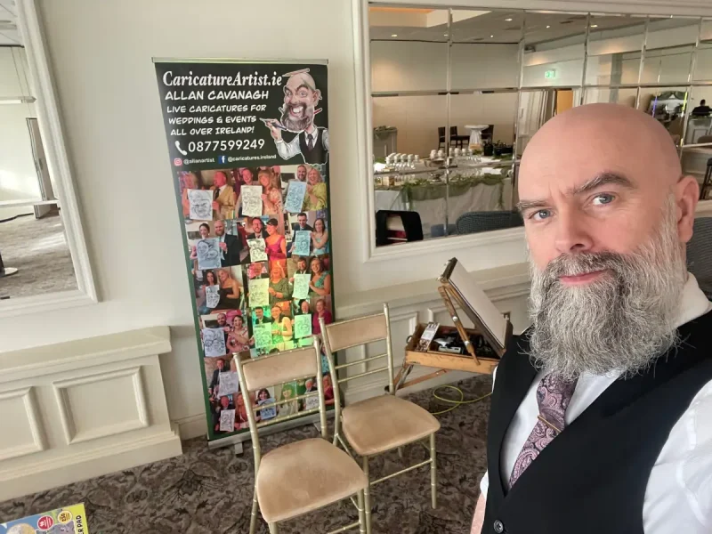 Caricature Artist Allan Cavanagh setting up for wedding in Connemara Coast Hotel February 2026 Caricature Artist Allan Cavanagh setting up for wedding in Connemara Coast Hotel February 2026