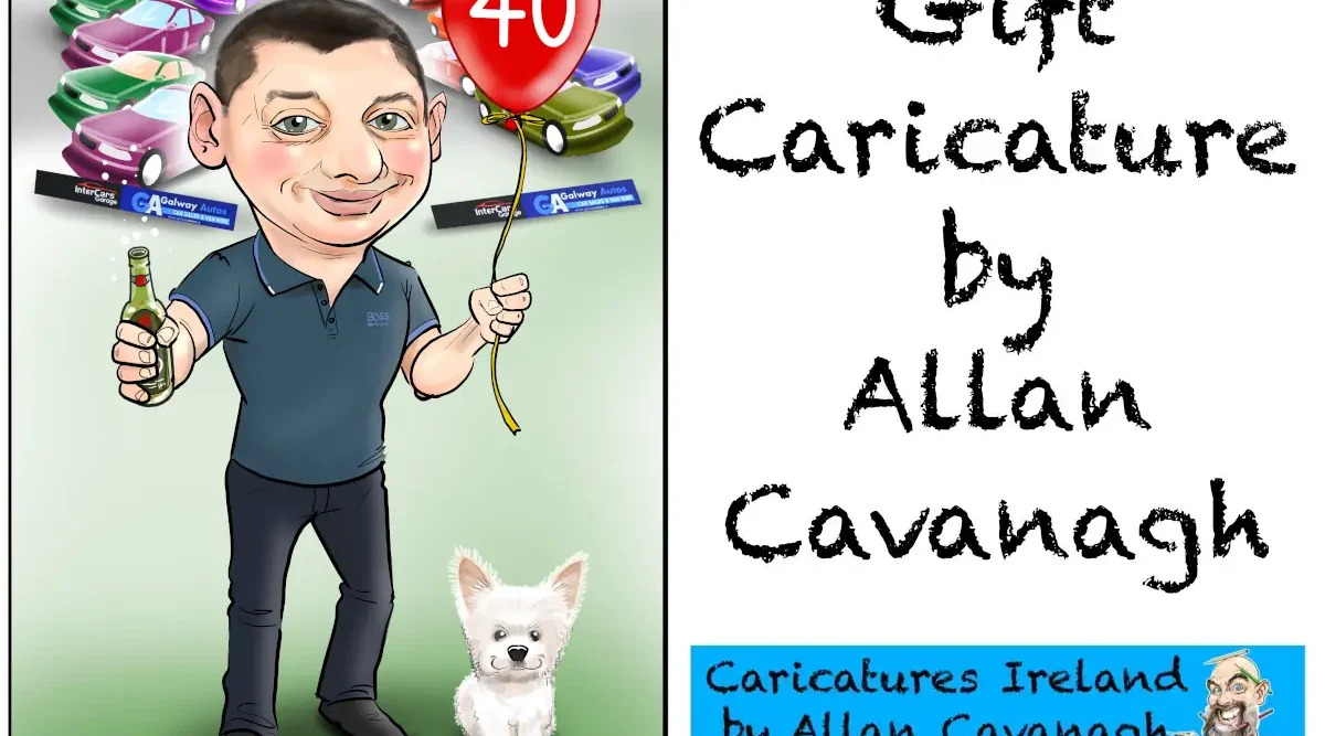 Caricature Gift for Car Salesman. Man holding red balloon with 40 on it with a beer in his other hand. A small white dog is nearby. In the background are cars and signs for the car showroom.
